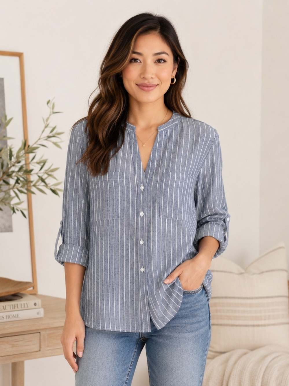 Nine West Blue and White Striped Button-Down Shirt MP NWT - Picture 9 of 9